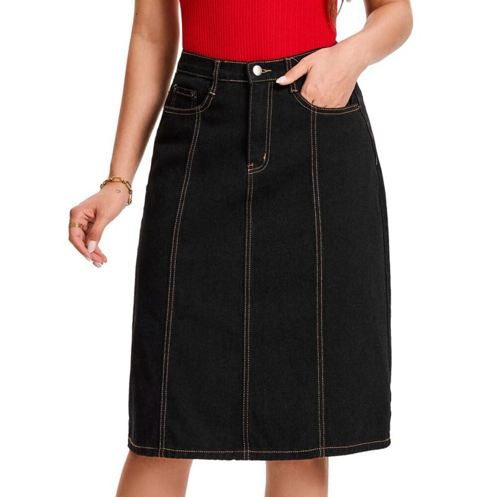 Women's A Line Midi Denim Skirt Black